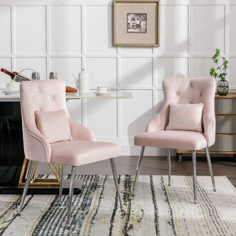 Set of 2 Button Pattern Dining Chair, Upholstered Armchair, Metal Leg ...