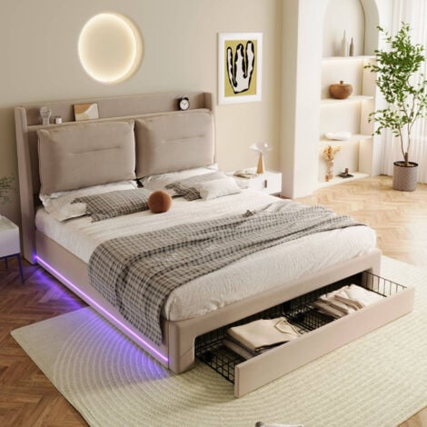 Upholstered Bed, Double Bed 135x190, Hydraulic Bed, 2-in-1 Storage Drawers, Recessed LED Light Strips on Both Sides of the Bed, Velvet,Beige