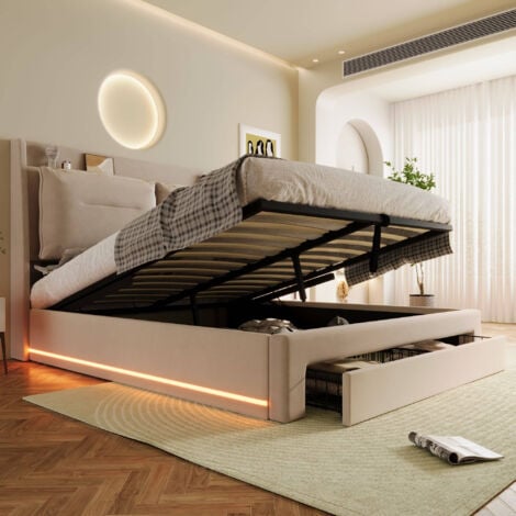 Upholstered Bed, Double Bed 135x190, Hydraulic Bed, 2-in-1 Storage Drawers, Recessed LED Light Strips on Both Sides of the Bed, Velvet,Beige