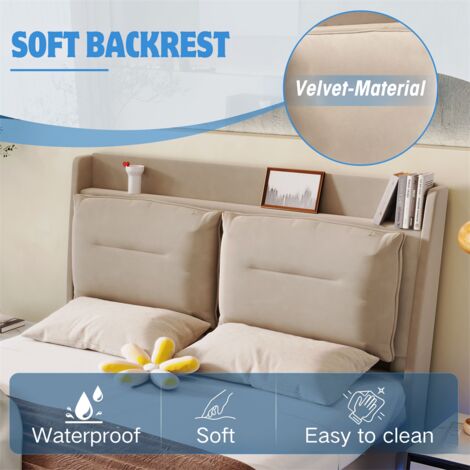 Upholstered Bed, Double Bed 135x190, Hydraulic Bed, 2-in-1 Storage Drawers, Recessed LED Light Strips on Both Sides of the Bed, Velvet,Beige