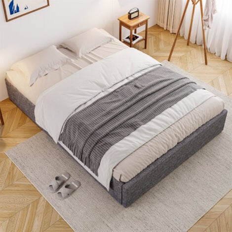 Storage Bed, Upholstered Bed, 4ft6 Double Bed 135x190cm, With 4 Drawers, Iron Bed Legs, Durable and Sturdy, Youth bed, for Adults & Teenagers, Linen+Iron, Grey