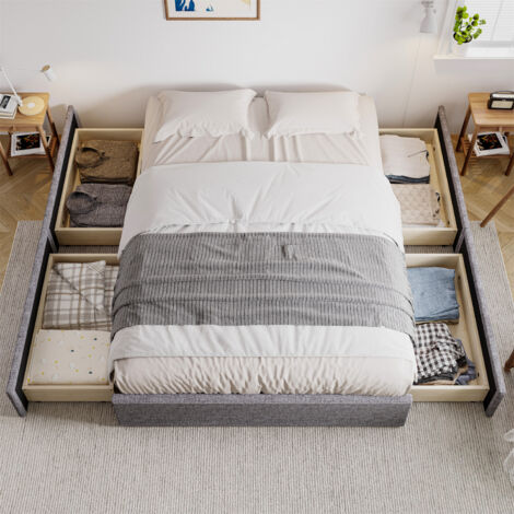 Storage Bed, Upholstered Bed, 4ft6 Double Bed 135x190cm, With 4 Drawers, Iron Bed Legs, Durable and Sturdy, Youth bed, for Adults & Teenagers, Linen+Iron, Grey