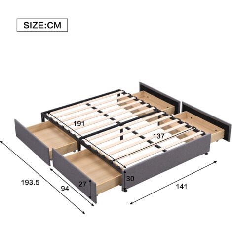 Storage Bed, Upholstered Bed, 4ft6 Double Bed 135x190cm, With 4 Drawers, Iron Bed Legs, Durable and Sturdy, Youth bed, for Adults & Teenagers, Linen+Iron, Grey