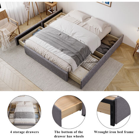 Storage Bed, Upholstered Bed, 4ft6 Double Bed 135x190cm, With 4 Drawers, Iron Bed Legs, Durable and Sturdy, Youth bed, for Adults & Teenagers, Linen+Iron, Grey