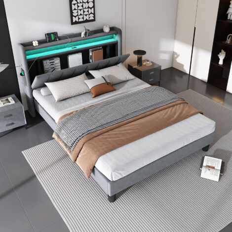 Upholstered Bed, Double Bed 135x190cm, Lower Flap Door Storage, With LED Light Strip, 3 USB port+1 Type C, Durable and Sturdy, Youth bed, for Adults & Teenagers, Velvet, Grey