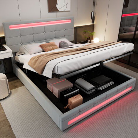 Upholstered Bed, Hydraulic Bed, Adults Teenagers 4ft6 Double Bed 135x190cm, Square Embellishment, with 7colors LED-light Strips, Velvet+Iron, Grey (1/5)