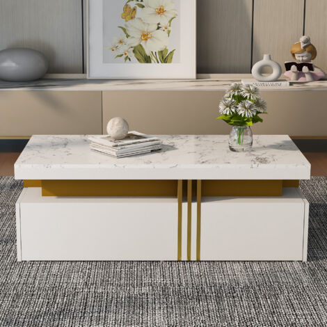 Modern White Rectangular Coffee Table with Marble Pattern(Triamine board) Top and 2 Wooden Drawers, Living Room Table, 100x50x40cm