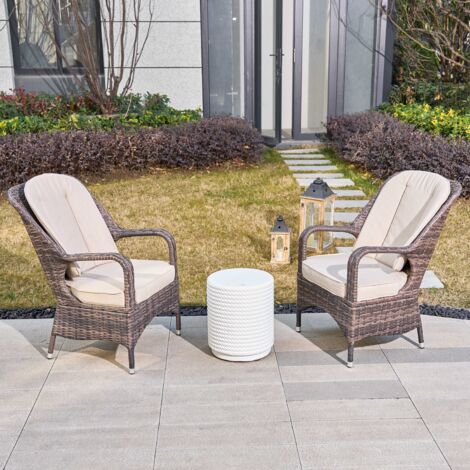 Abrihome 2-Piece Outdoor PE Rattan Brown Dining Chairs Paired with a White Terrafab Composite Coffee Table for Outdoor (1/5)