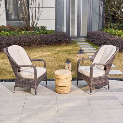 Abrihome 2-Piece Outdoor PE Rattan Brown Dining Chairs with a Wooden-colored Terrafab Composite Tea Side Table for Outdoor (1/5)
