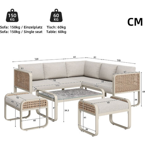 Outdoor Garden Lounge Set, Rattan Furniture Set for 6-7 people, Corner Sofa with Galvanised Iron Frame, Adjustable Legs, Includes all Seat and Back Cushions, Beige