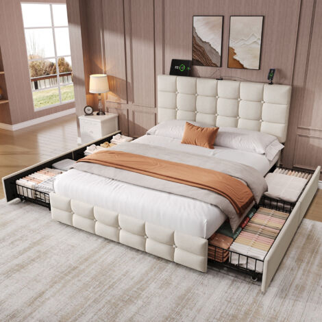 4ft6 Double Upholstered Bed with 4 Storage Drawers, Velvet Bed Frame with Charging Station Adjustable Button Tufted Headboard with USB and Type - C Ports, Beige (No Mattress)