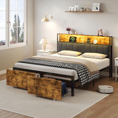 4ft6 Double Bed Frame with 2 Storage Drawers, RGB LED Storage Headboard with Charging Station, Metal Platform Bed Frame, No Box Spring Needed, Black+Walnut (No Mattress) (1/5)