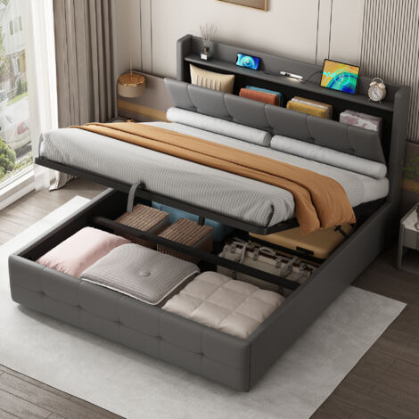 4ft6 Double Upholstered Bed Frame with Hydraulic Storage, PU Leather Ottoman Bed with Concealed Headboard Storage, Double Bed with Charging Station and LED Night Light, Grey