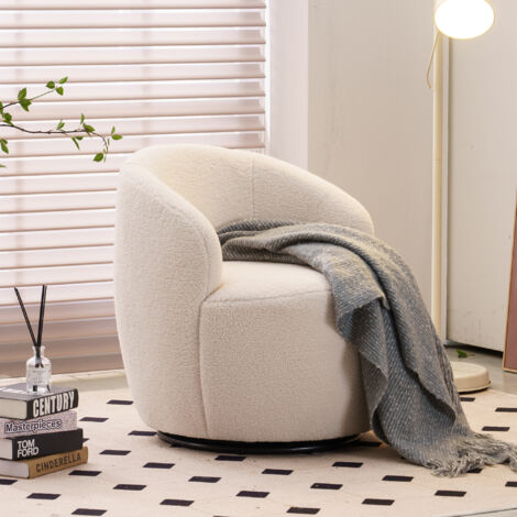 008S Teddy Fabric Swivel Accent Armchair Barrel Chair With Black Powder Coating Metal Ring, Ivory White (1/5)