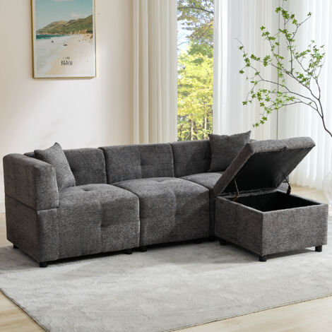 80" Sectional Sofa Couch with Removable Storage Ottoman, Fabric Sofa for Living Room Apartment, L-Shaped Sofa with 2 Pillows for Home/Apartment/Office Living Room, Grey