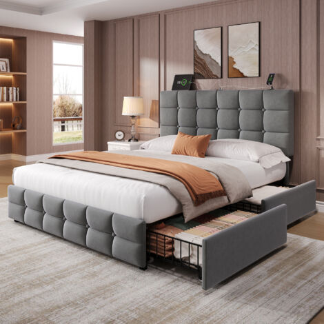 4ft6 Double Upholstered Bed with 4 Storage Drawers, Velvet Bed Frame with Charging Station Adjustable Button Tufted Headboard with USB and Type - C Ports, Grey (No Mattress)