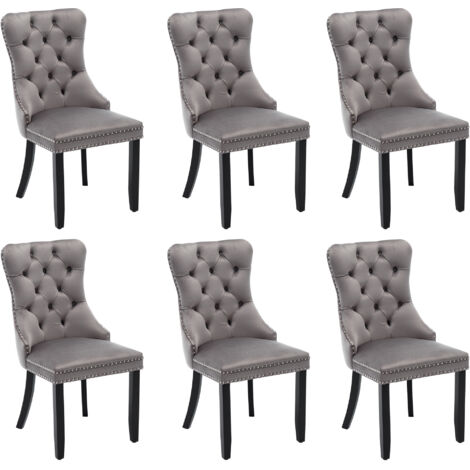 Modern Set of 6 Upholstered Velvet Dining Chairs, Button Tufted Kitchen Lounge Chairs with Solid Wood Legs, Riveted Trim and Knocker Ring, for Dining Room Living Room, Grey (1/5)