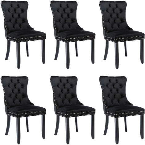 Modern Set of 6 Upholstered Velvet Dining Chairs, Button Tufted Kitchen Lounge Chairs with Solid Wood Legs, Riveted Trim and Knocker Ring, for Dining Room Living Room, Black (1/5)