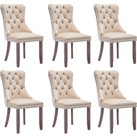 Modern Set of 6 Upholstered Velvet Dining Chairs, Button Tufted Kitchen Lounge Chairs with Brushed Wood Legs, Riveted Trim and Knocker Ring, for Dining Room Living Room, Beige (1/5)