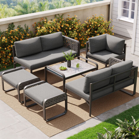 Outdoor Garden Lounge Set, Rattan Furniture Set for 6-7 people, Corner Sofa with Galvanised Iron Frame, Adjustable Legs, Includes all Seat and Back Cushions, Grey (1/5)