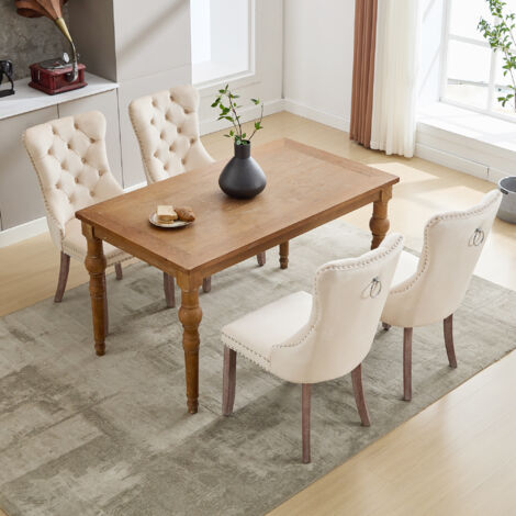Modern Set of 4 Upholstered Velvet Dining Chairs, Button Tufted Kitchen Lounge Chairs with Brushed Wood Legs, Riveted Trim and Knocker Ring, for Dining Room Living Room, Beige (1/5)