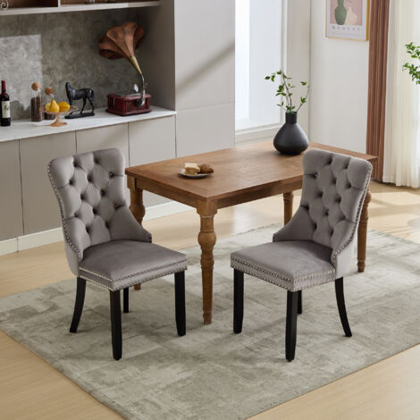Modern Set of 2 Upholstered Velvet Dining Chairs, Button Tufted Kitchen Lounge Chairs with Solid Wood Legs, Riveted Trim and Knocker Ring, for Dining Room Living Room, Grey (1/5)