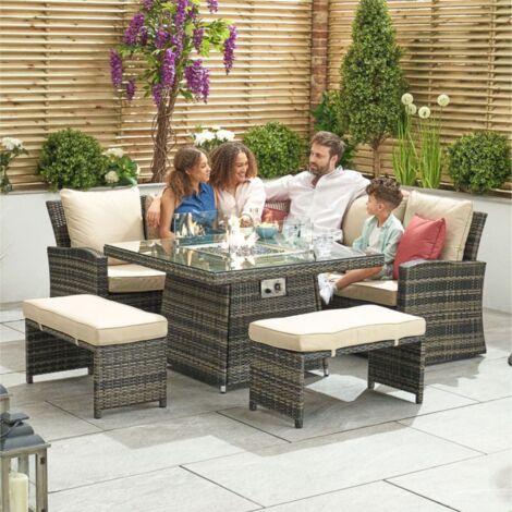 Abrihome 7 Seater Rattan Garden Furniture Seating Group with Fire Pit Table, Brown (1/5)