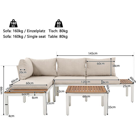 Outdoor Patio&Backyard Furniture Garden Lounge Set for 4 people, Space Saving Thick Quality L-Shaped Corner Sofa with Wooden Table, Beige