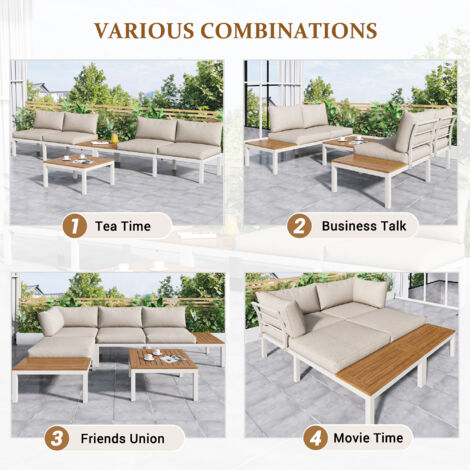 Outdoor Patio&Backyard Furniture Garden Lounge Set for 4 people, Space Saving Thick Quality L-Shaped Corner Sofa with Wooden Table, Beige