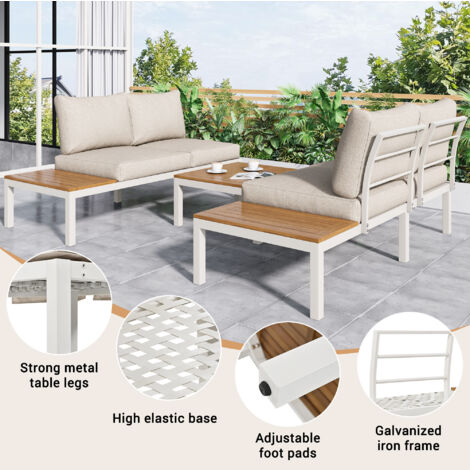 Outdoor Patio&Backyard Furniture Garden Lounge Set for 4 people, Space Saving Thick Quality L-Shaped Corner Sofa with Wooden Table, Beige