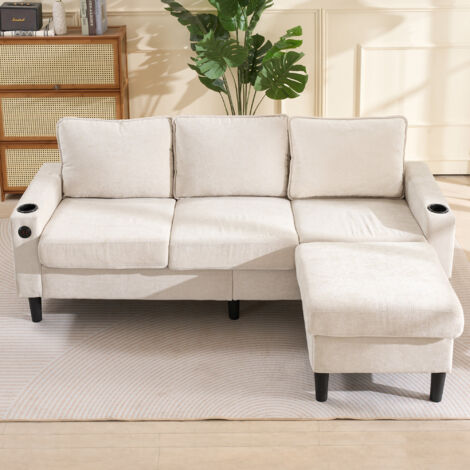 Stylish L-Shaped Corner Sofa with USB Charging & Cup Holders – Premium 3-Seater Sectional Couch for Modern Apartments – Space-Saving & Practical Living Room Design, Beige