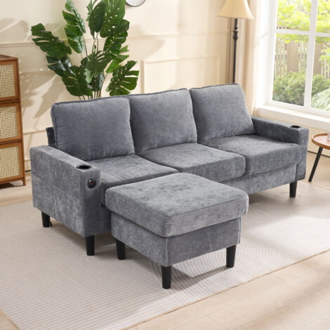 Stylish L-Shaped Corner Sofa with USB Charging & Cup Holders – Premium 3-Seater Sectional Couch for Modern Apartments – Space-Saving & Practical Living Room Design, Grey