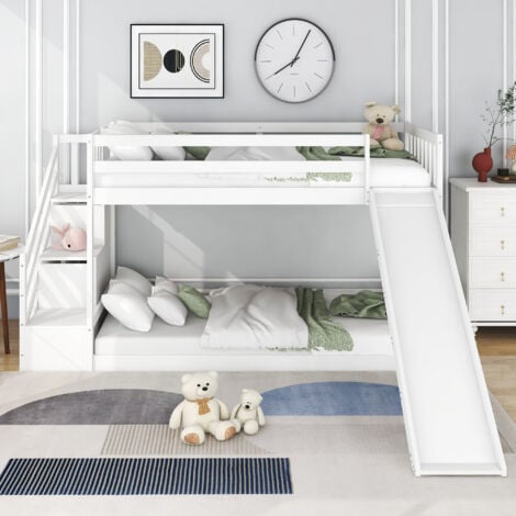 Magical Kids' Bunk Bed with Slide & Secret Staircase Storage – Premium Solid Pine Frame – Exciting Sleep & Play Design in Crisp White – 90x190cm