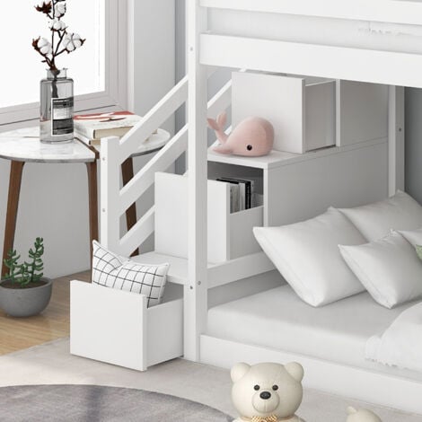 Magical Kids' Bunk Bed with Slide & Secret Staircase Storage – Premium Solid Pine Frame – Exciting Sleep & Play Design in Crisp White – 90x190cm