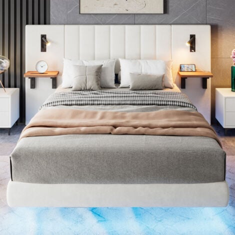 Premium Velvet Double Bed with Charging Socket & Bedside Lamps – Soft Headboard with Storage & Modern LED Lighting – Stylish Iron Accents – 135x190cm, White