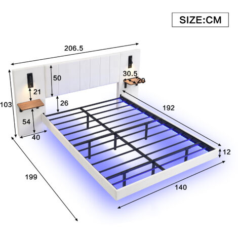 Premium Velvet Double Bed with Charging Socket & Bedside Lamps – Soft Headboard with Storage & Modern LED Lighting – Stylish Iron Accents – 135x190cm, White