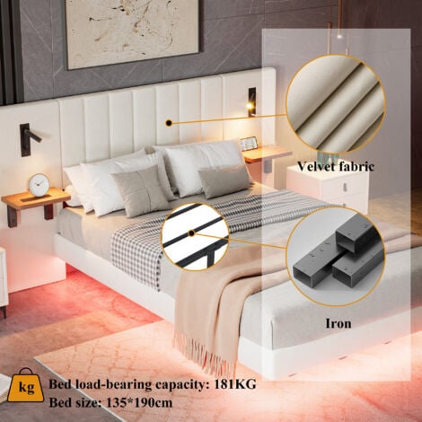 Premium Velvet Double Bed with Charging Socket & Bedside Lamps – Soft Headboard with Storage & Modern LED Lighting – Stylish Iron Accents – 135x190cm, White
