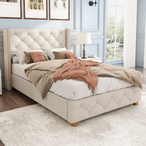 Luxury Upholstered Single Bed with Slatted Frame & Elegant Headboard – Button & Rivet Detailing, Solid Wooden Legs, Soft Linen Fabric, Beige  90 x 190cm