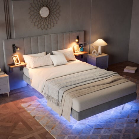 Premium Velvet Double Bed with Charging Socket & Bedside Lamps – Soft Headboard with Storage & Modern LED Lighting – Stylish Iron Accents – 135x190cm, Grey