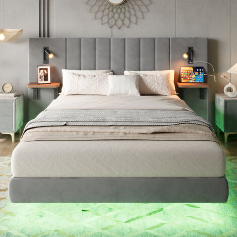 Premium Velvet Double Bed with Charging Socket & Bedside Lamps – Soft Headboard with Storage & Modern LED Lighting – Stylish Iron Accents – 135x190cm, Grey