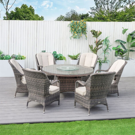 Abrihome 6-Seater Aluminum Round Dining Table Set With 5mm Tempered Glass Top & UV-Resistant PE Wicker – D135×H72cm,Brown
