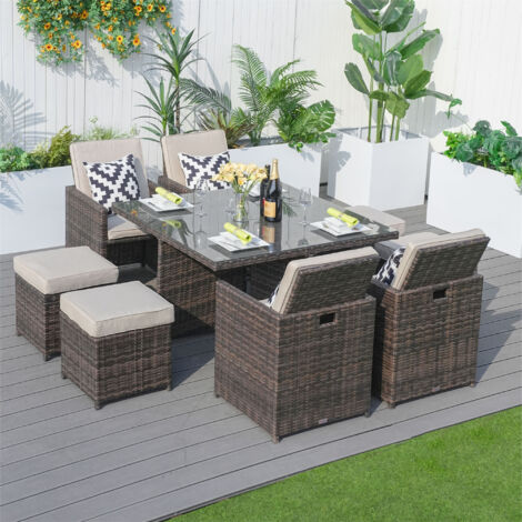 Abrihome Outdoor Rattan Garden Furniture Set 9 Pieces Dining Set Wicker Hand Weave Garden Table Chair Set, Brown (1/5)