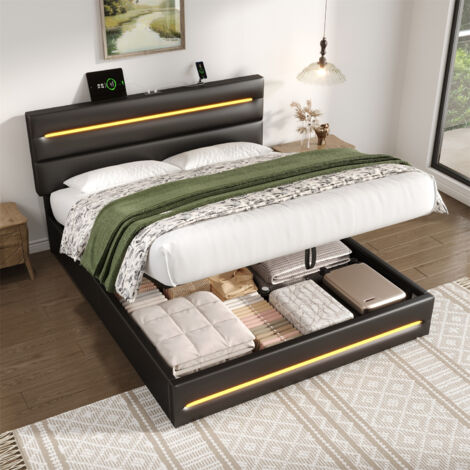 Premium Black PU Storage Bed - Adjustable LED Headboard & Fast Charging  5ft King