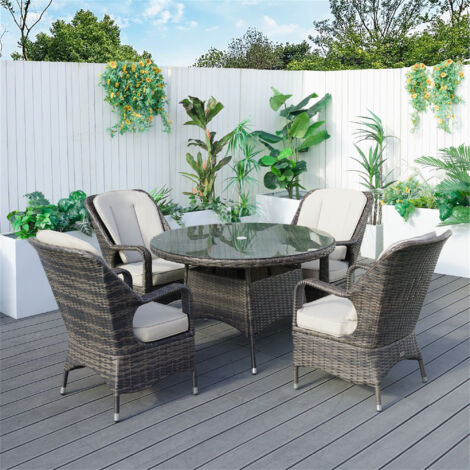 Abrihome 4-Seater Aluminum Round Dining Table Set With 5mm Tempered Glass Top & UV-Resistant PE Wicker – D120×H72cm,Brown