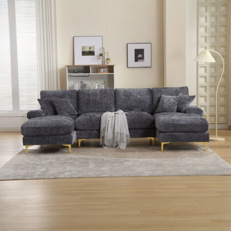 U-Shaped Sectional Sofa – Modular Corner Couch with Double Chaise, Soft Chenille Fabric, Customisable Layout – Luxurious Large Living Room Furniture(Grey)