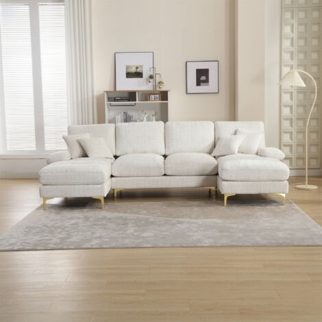 U-Shaped Sectional Sofa – Modular Corner Couch with Double Chaise, Soft Chenille Fabric, Customisable Layout – Luxurious Large Living Room Furniture(Beige)
