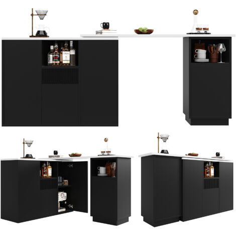 360° swivelling Bar Table with Marble worktop - 198.5 x 30 x 75 cm Modern Design, Black, Multi-Room Use