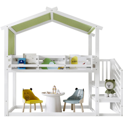 Canopy Bunk Bed with Staircase & Bookshelf - 3ft Single, 90x190cm, Kids & Teen Bed, White & Green, MDF+Pinewood (1/5)