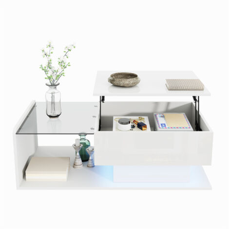 Modern High-Gloss Coffee Table with LED Glass Top - White Glossy Side & Center Table for Living Room