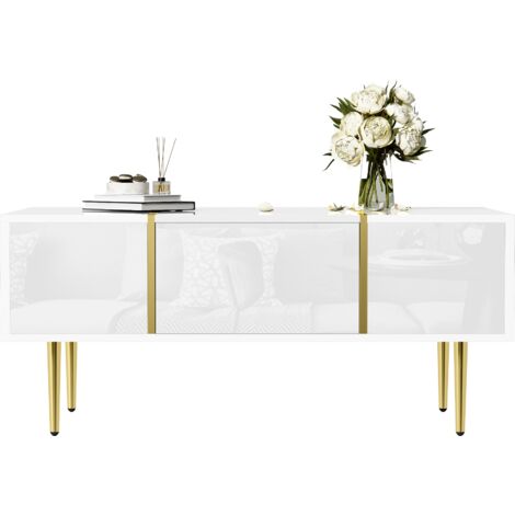 White high-gloss coffee table with 2 drawers – Modern minimalist design – 100cm L x 60cm W x 41.5cm H – Easy cleaning with 19.5cm clearance – Abrihome (1/5)